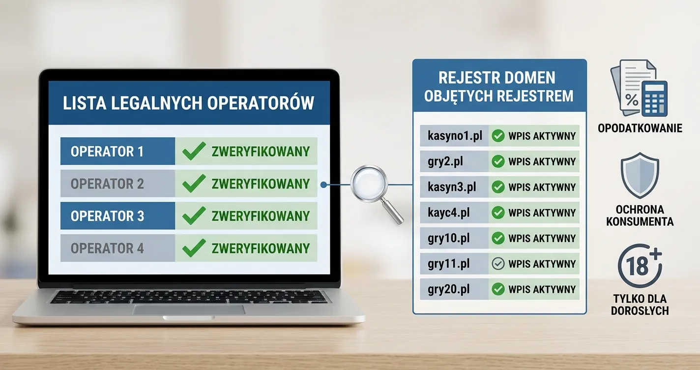 Ilustracja checklisty z wykazem legalnych podmiotów, rejestrem domen, symbolem podatku i oznaczeniem 18 plus